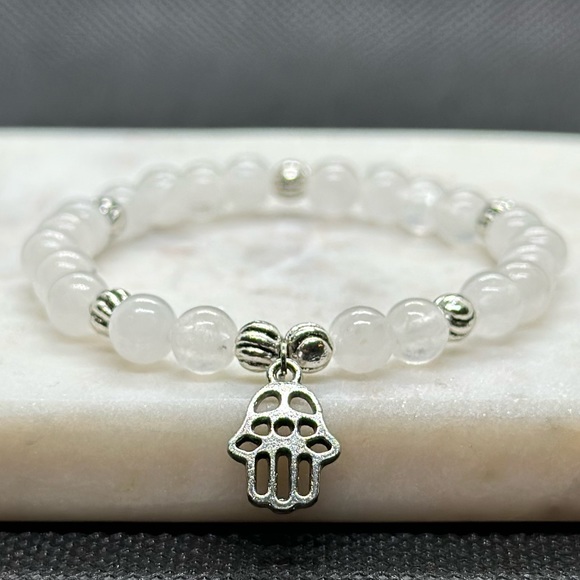 White Jade Natural Gemstone Bracelet - Hamsa Charm Bracelet - Picture 2 of 3
